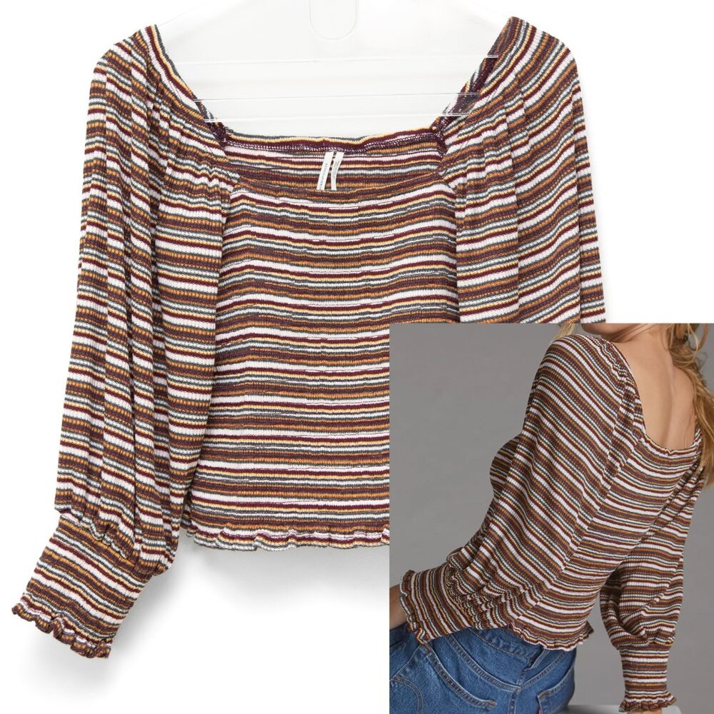 Anthropologie Smocked Top Stripe Square Neck Shirt Puff Sleeve Multicolor Small
